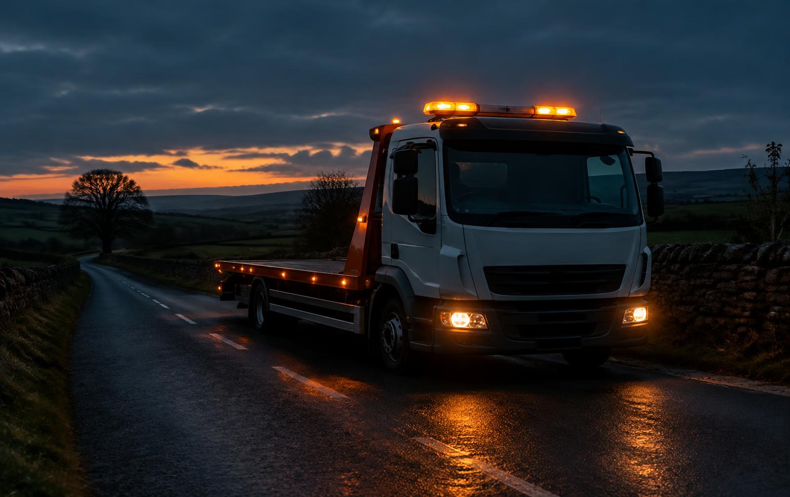 Recovery truck on a country road at dusk